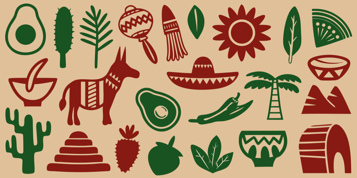 Mexican themed illustrations featuring icons and a donkey silhouette