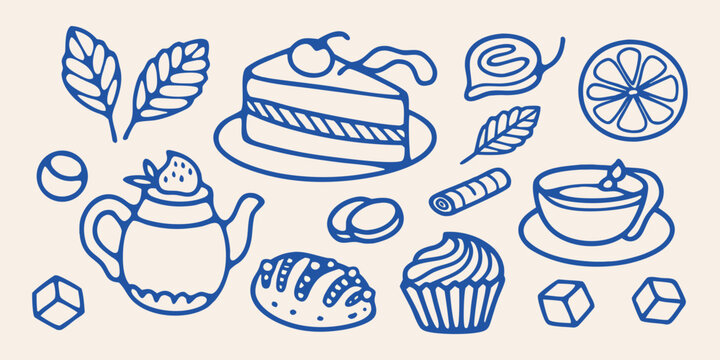 Blue line art of desserts and tea a charming silhouette