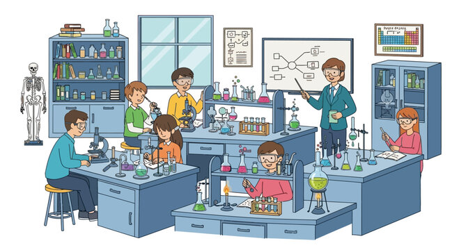 Children learning science in a colorful laboratory classroom with experiments and teacher