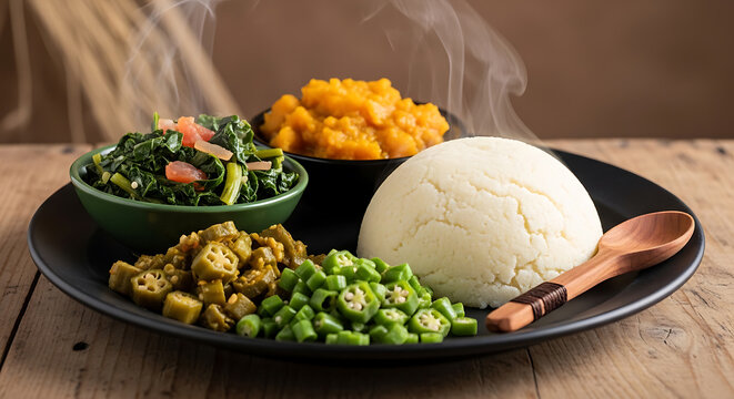 Steaming Traditional Meal with Starchy Staple, Greens, Okra, and Pumpkin Puree. Hot, Healthy Cuisine on Rustic Wood.