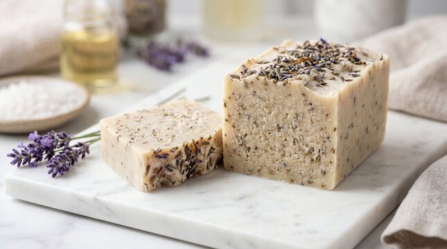 Handmade lavender soap bar slice, natural ingredients, marble board, body care