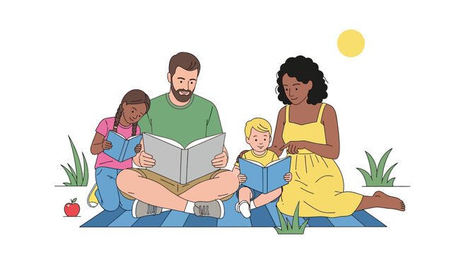 Diverse family reading books outdoors on picnic blanket, enjoying sunny day together.