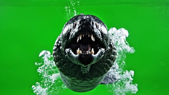 A menacing creature with sharp teeth emerges from water against a green screen background, creating a dramatic and eerie scene.