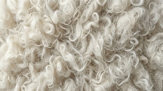 Close-up of fuzzy white sheep wool texture with curly fibers