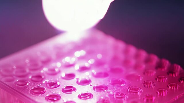 Pipette precisely administering a pink liquid sample into a multi well microplate, conducting a critical laboratory experiment for scientific research and analysis
