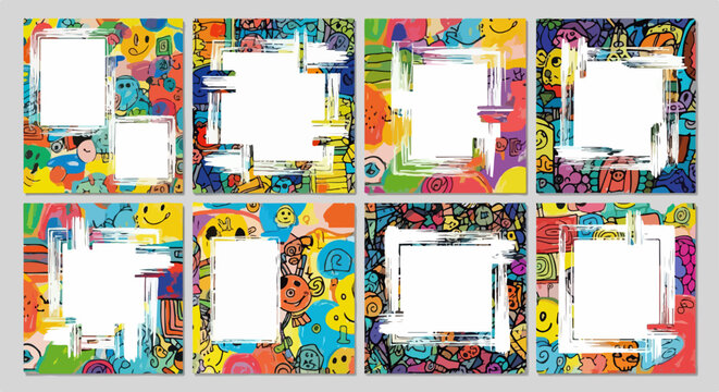 Cole&ccedil;&atilde;o de modelos de postagem vibrantes com design de grafite abstrato, carinhas felizes e espa&ccedil;os em branco para fotos criativas.