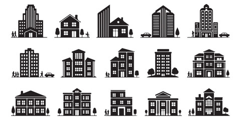 Fototapeta premium Vector icons of buildings city landscape with people and trees silhouette