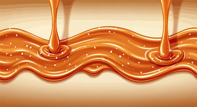 Calda de caramelo salgado escorrendo em ondas suaves com textura brilhante e cremosa, ideal para sobremesas e confeitaria art&iacute;stica.