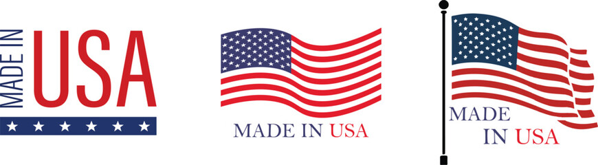 Fototapeta premium Made in USA icon set collection group with american flag badge symbol label stamp emblem quality certification patriotic sign branding identity vector isolated design graphic.