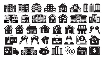 Naklejka premium Real estate vector icons set including various buildings and related objects, for sale and rent