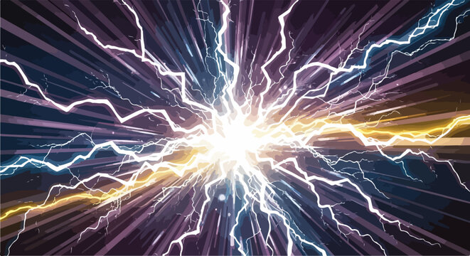 Explos&atilde;o abstrata de raios el&eacute;tricos e fa&iacute;scas brilhantes irradiando de um centro luminoso em um fundo escuro com efeito de velocidade e energia.