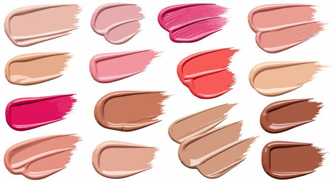 Amostras de base l&iacute;quida, corretivo e batom em diversos tons de pele e cores vibrantes, exibindo texturas cremosas sobre um fundo branco limpo.