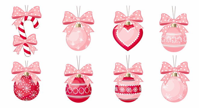 Conjunto de enfeites de Natal em tons de rosa e vermelho com la&ccedil;os de bolinhas, incluindo bolas decorativas, bengala doce e cora&ccedil;&atilde;o festivo.