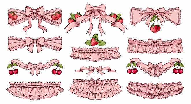 Cole&ccedil;&atilde;o de la&ccedil;os cor-de-rosa com rendas delicadas, morangos e cerejas em estilo coquette vintage para decora&ccedil;&atilde;o e convites rom&acirc;nticos.