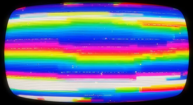 Retro television screen displaying vibrant rainbow color bars with horizontal static and glitch effects, evoking a nostalgic, abstract, and distorted signal aesthetic.