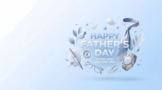 Happy Father's Day 3D greeting banner with tie, watch, glasses, and pen floating on a soft light blue background, elegant minimalist design.