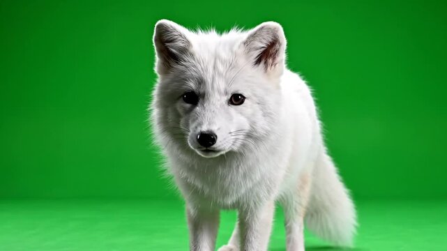 A white arctic fox stands against a vibrant green background, looking directly at the viewer.