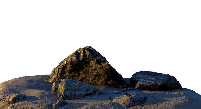 Isolated Coastal Rock Formation On Sandy Beach With Dramatic Light &mdash; 3D Rendering Study