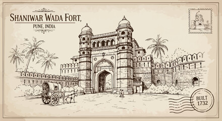 Obraz premium Eine antike Illustration des Shaniwar Wada Forts in Pune, Indien, gestaltet als Vintage-Postkarte mit handgezeichneten Details und Briefmarke.
