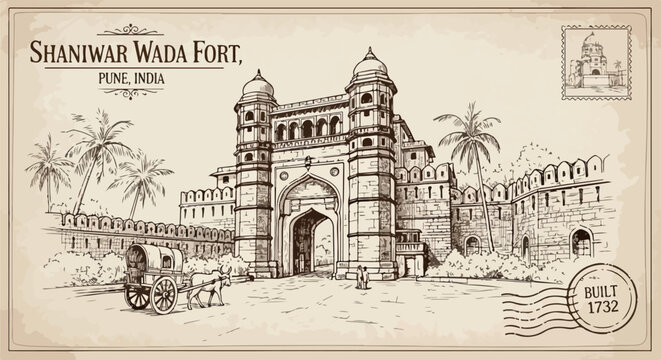 Eine antike Illustration des Shaniwar Wada Forts in Pune, Indien, gestaltet als Vintage-Postkarte mit handgezeichneten Details und Briefmarke.