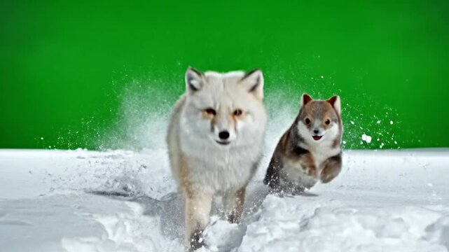 An adult white fox and a small brown fox cub running and jumping through deep white snow with a vibrant green background.