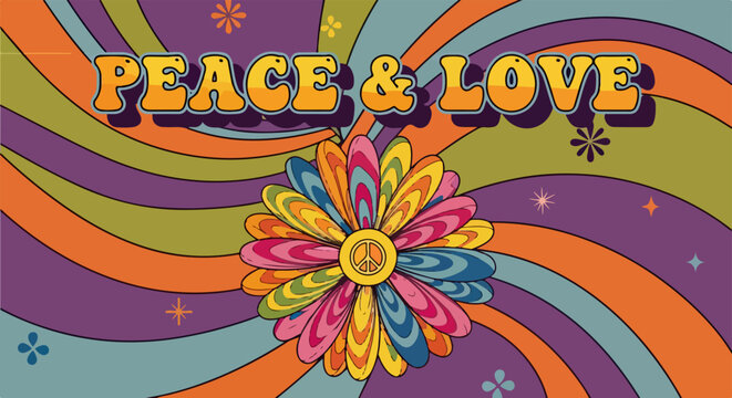Buntes Retro-Design im Stil der 60er und 70er Jahre mit dem Schriftzug Peace and Love, einer psychedelischen Blume und wirbelnden Mustern.