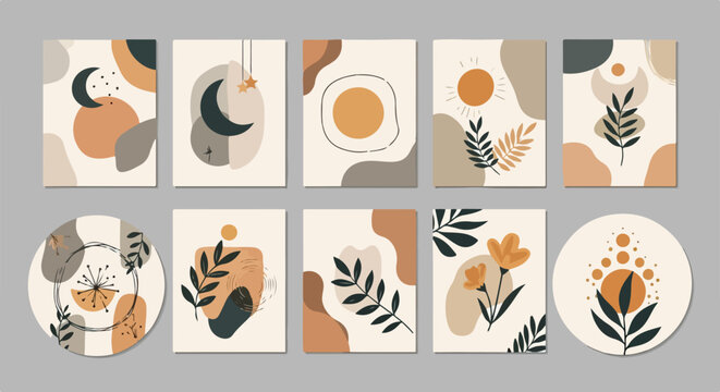 Sammlung von Boho-Abstrakten Postern mit botanischen Elementen, Mond und Sonne in Erdt&ouml;nen f&uuml;r modernes Innendesign und &auml;sthetische Wandkunst-Deko.