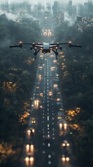 Naklejka premium Autonomous Aerial Vehicle Navigating Urban Landscape at Twilight Ascending