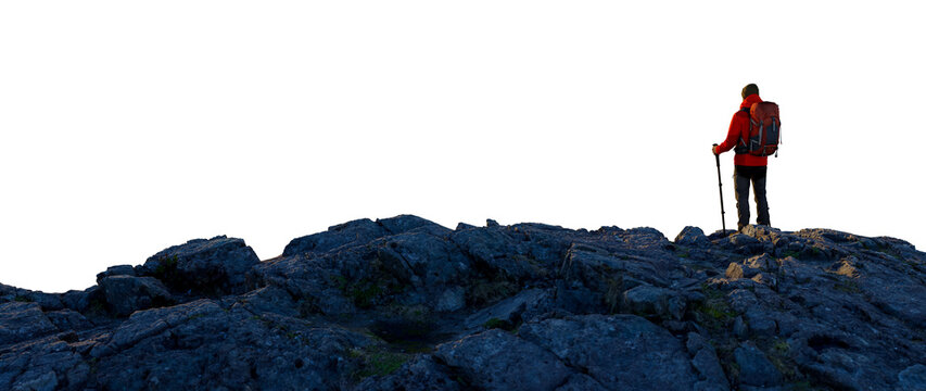 Solo Hiker Standing On Rocky Ridge With Backpack And Trekking Pole At Sunrise Adventure