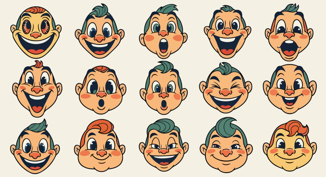 Set aus f&uuml;nfzehn illustrierten Zeichentrickfiguren im Vintage-Stil mit vielf&auml;ltigen Gesichtsausdr&uuml;cken wie Lachen, Freude und &Uuml;berraschung.
