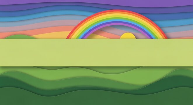 Vibrant rainbow over green landscape horizon.
