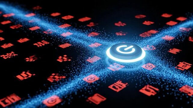 Cybersecurity incident response activation button glowing blue light and red digital data icons