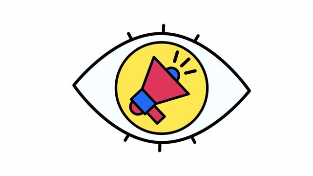 Eyeshaped graphic with a megaphone in yellow circle, ideal for marketing and communication concepts. Advertising campaigns, graphic design, digital media. Vision icon animation.