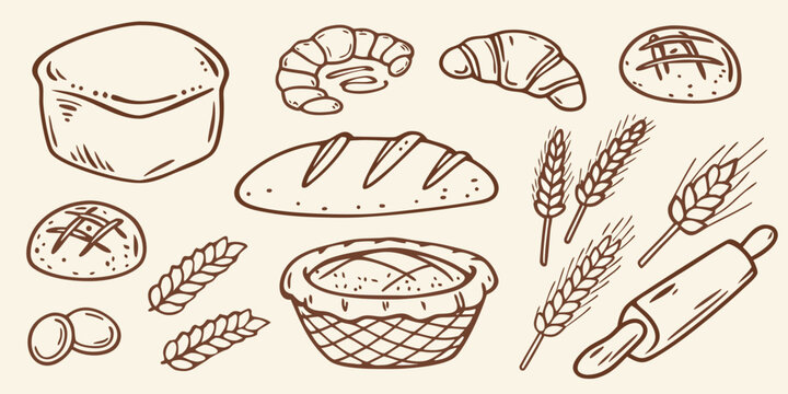 Hand drawn pastries breads and wheat with a rustic sketch silhouette