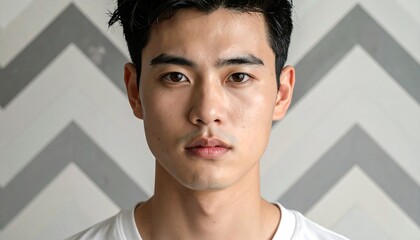 Obraz premium A young man with dark hair and brown eyes wears a white shirt