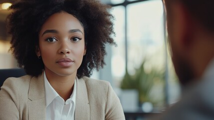 Fototapeta premium A young professional woman in a beige blazer looking focused in a modern office
