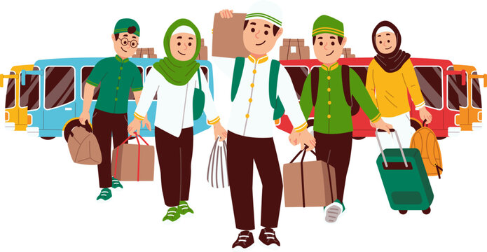 Clipart Mudik Lebaran Perjalanan Rombongan dengan Transportasi Umum