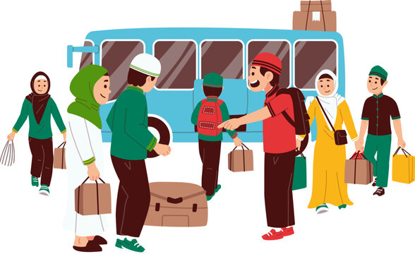 Ilustrasi Keluarga Muslim Mudik dengan Koper dan Barang Bawaan