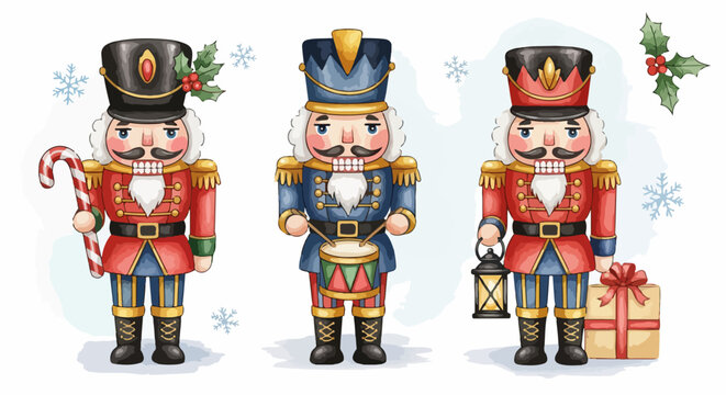 Colecci&oacute;n de tres cascanueces navide&ntilde;os de estilo acuarela con bast&oacute;n de caramelo, tambor y regalo sobre un fondo blanco con copos de nieve.