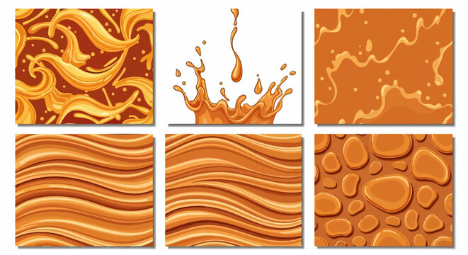 Colecci&oacute;n de texturas e ilustraciones de caramelo l&iacute;quido derretido con salpicaduras, ondas suaves y patrones abstractos de color &aacute;mbar.