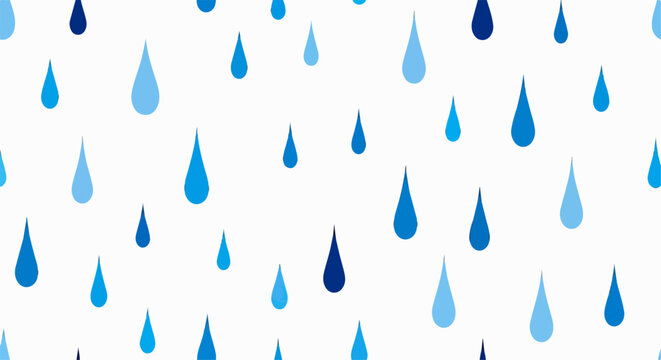 Patr&oacute;n vectorial continuo de gotas de lluvia en varios tonos de azul sobre un fondo blanco limpio, ideal para dise&ntilde;o gr&aacute;fico y fondos decorativos.