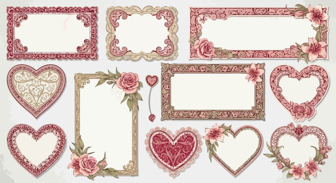 Colecci&oacute;n de marcos vintage con formas de coraz&oacute;n y rectangulares adornados con rosas rosadas y lirios elegantes para invitaciones de boda.