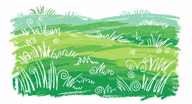Ilustraci&oacute;n art&iacute;stica de un campo verde con trazos de pincel y dibujos de hierba blanca con espirales decorativas sobre un fondo blanco limpio.