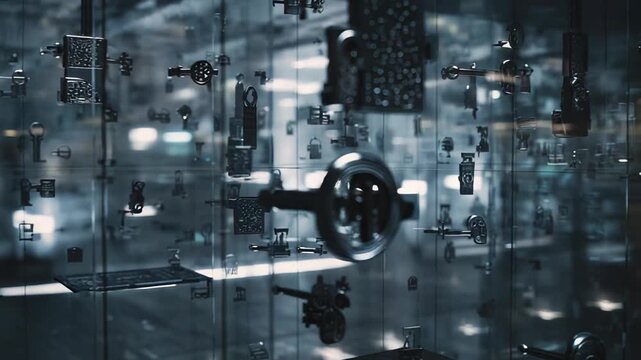 Fascinating exhibition of various antique keys and security locks suspended within a modern glass display, illuminated by subtle internal lighting, creating an intriguing museum installation