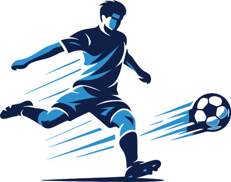 Dynamic soccer player kicking ball vector, blue athletic football striker silhouette, professional sports competition