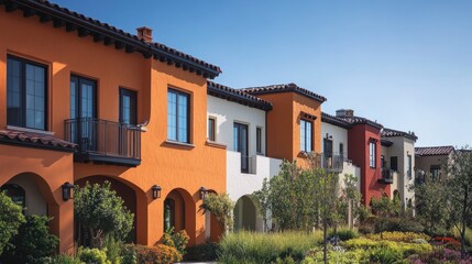 Fototapeta premium A row of colorful Mediterranean-style townhouses with lush gardens and a clear blue sky