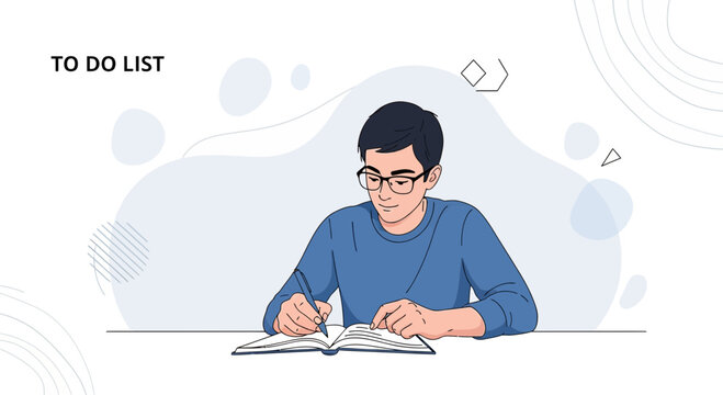 Young man in glasses writing in a notebook, to-do list concept, study, planning