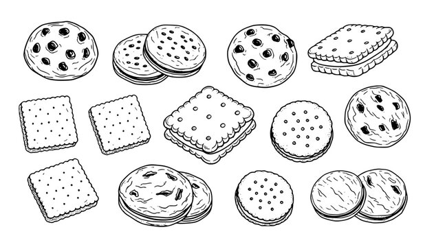 Hand drawn cookies biscuits and crackers outline vector set with assorted sweet and savory bakery snacks collection