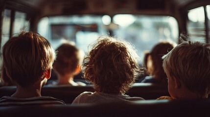 Obraz premium Children seated inside school van from rear view, soft window light, no visible faces, student transportation scene