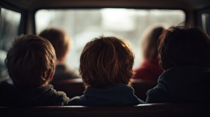 Obraz premium Children seated inside school van from rear view, soft window light, no visible faces, student transportation scene